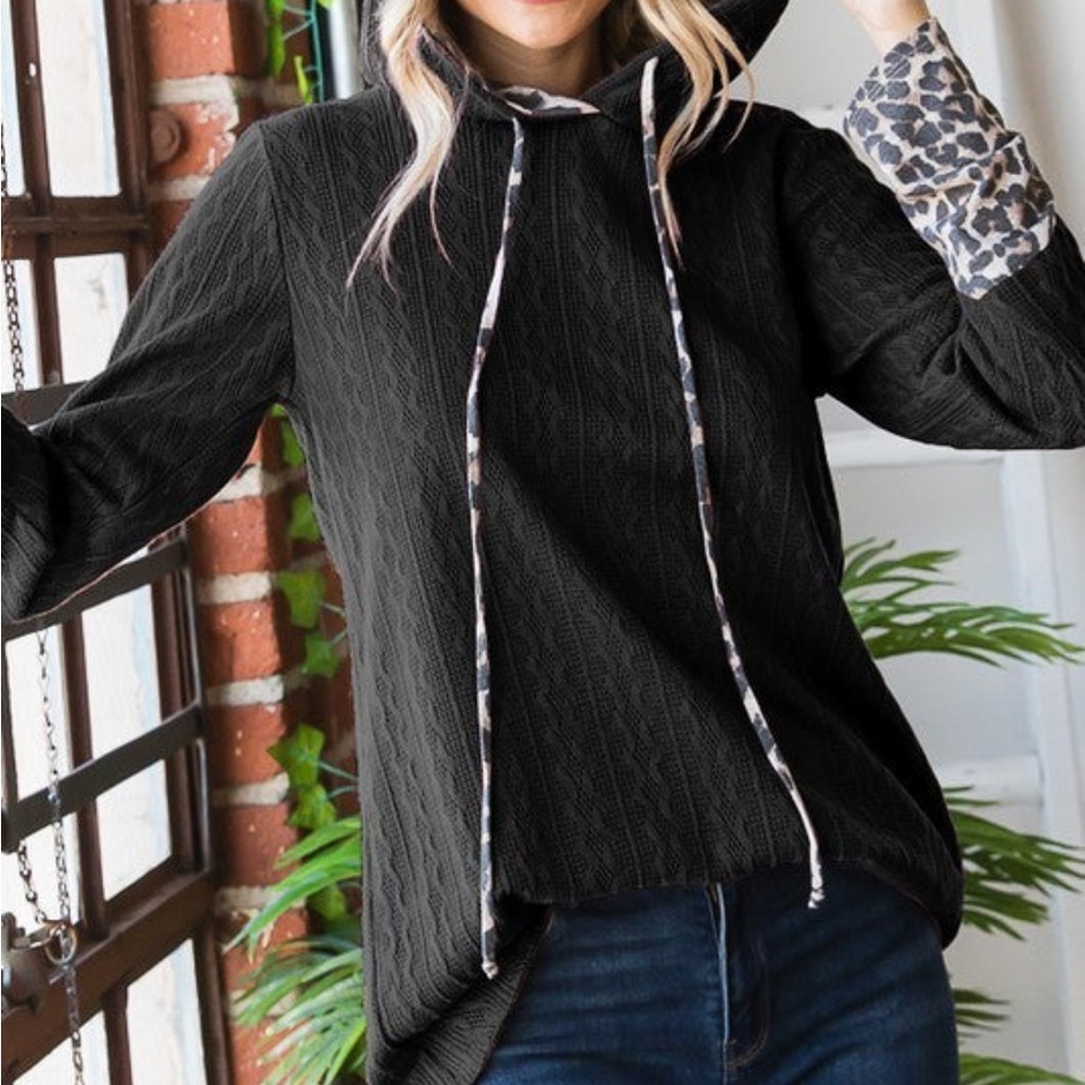 HEIMISH USA Black Cable Knit Hoodie with Leopard Trim